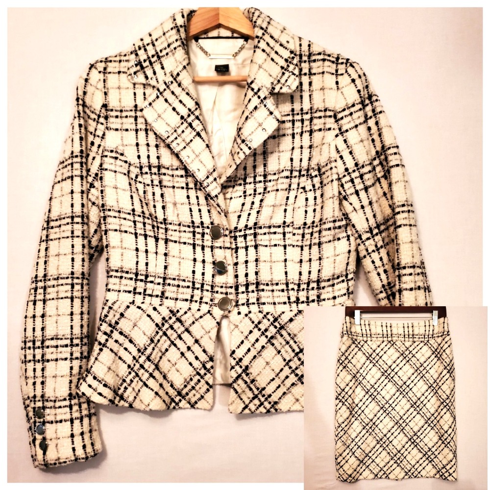 Y2K Tweed Suit Skirt Set Womens 10/12 Black White Plaid Business Office Clueless